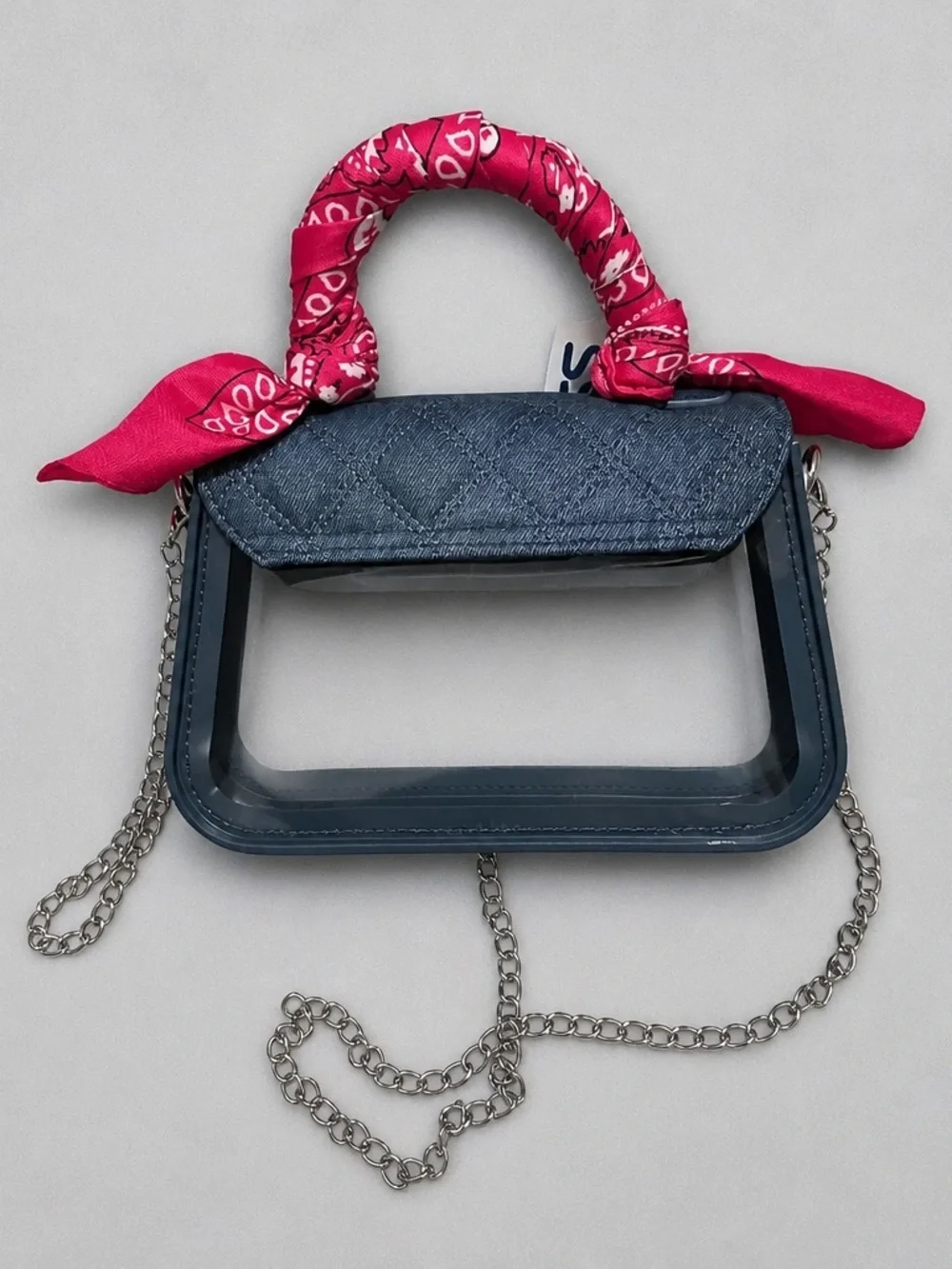 Stylish Blue Quilted Crossbody with Pink Bandana  Scarf Handle, See through bag